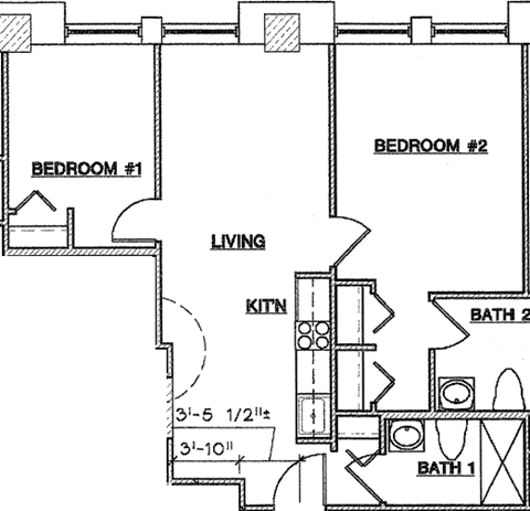 Floor plan for 2 beds, 2 baths, 619 sqft
